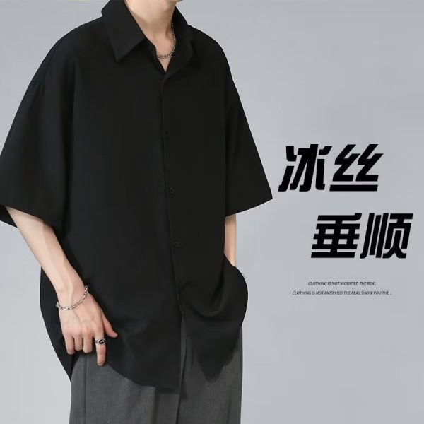 Ice silk short-sleeved shirt men's summer thin black Korean version of the trend loose casual five-quarter sleeve handsome and saving white lining