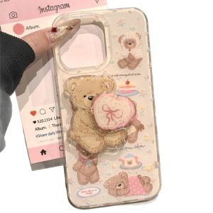IMD double-layer large hole cute bear plus rotating stand for iPhone16promax phone case apple 15p