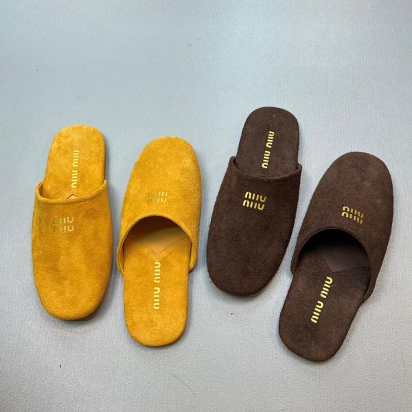 Top layer cowhide miu family flat half slippers women's 2024 autumn new leather mango yellow slippers