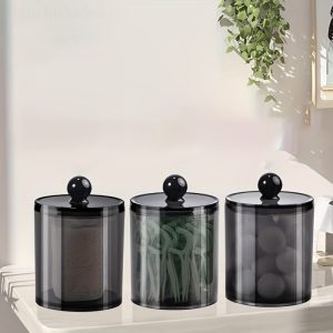 3pcs Cotton Swab Dispenser Medicine Jar Plastic Storage Box Bathroom Jar Set Organizer Transparent Black