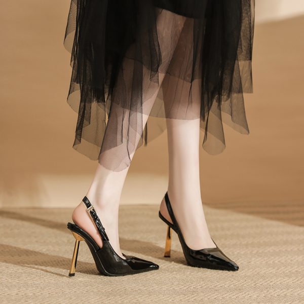 Spring 2024 new black small gold bar stiletto heels pointed toe patent leather temperament with a toe sandal women - Image 3