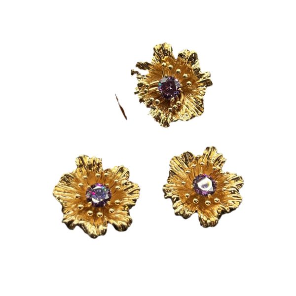 French Elegant Purple Zircon Flower Earrings Ring Set Gilded Flower Medieval Plain Gold Gardenia Flower Stud Earrings - Image 5