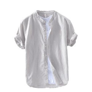 Short sleeve cotton and linen shirt 2025 men's summer small fresh stand-up collar casual breathable loose linen half-sleeve shirt