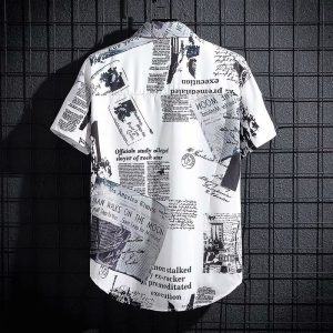 2024 Summer Short Sleeve Shirt Men's Thin Graffiti Newspaper Print Hong Kong Style Trend Ruffian Handsome Loose Half Sleeve Shirt