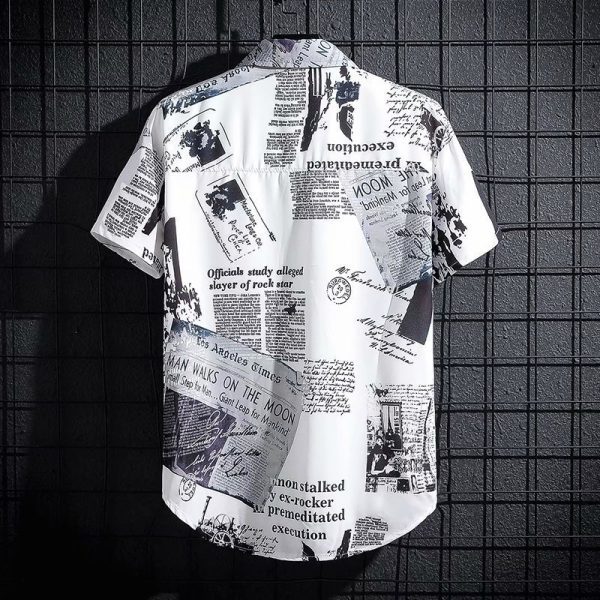2024 Summer Short Sleeve Shirt Men's Thin Graffiti Newspaper Print Hong Kong Style Trend Ruffian Handsome Loose Half Sleeve Shirt - Image 2