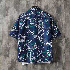 Comic print shirt men's ins trend summer Japanese short-sleeved shirt couple loose design sense niche jacket