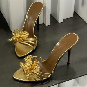 Spring/Summer 2025 New Fashionable Ultra High Heeled Metallic Flower Sandals Temperament Sexy Stiletto Open Toe Women's Shoes