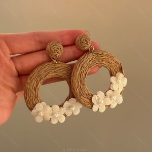 The Covenant of the Island Sea ~ Retro Exaggerated Geometric Grass and Vine Woven Earrings Resort Style 2025 New Explosive Bamboo and Rattan Earrings