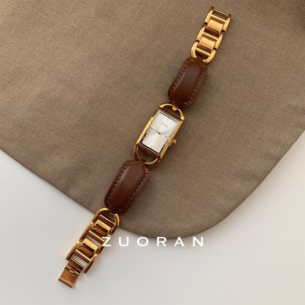 ZUORAN Maillard Brown Rectangular Leather Bracelet Style Exquisite Vintage Trend Women's Quartz Watch Live - Image 2