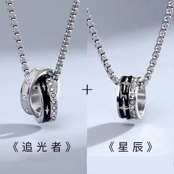 Stainless steel diamond zircon double ring necklace men's niche design high-end pendant boys and women Korean version of the new hot style