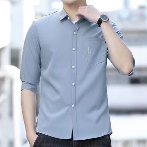 Ice silk stretch three-quarter sleeve shirt men's summer thin versatile short-sleeved shirt men's casual mid-length sleeve top