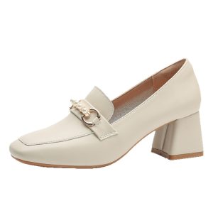 Simple office wear, soft pure leather single shoes, 6cm heel high spring and autumn square toe Mary pearl diamond women's shoes