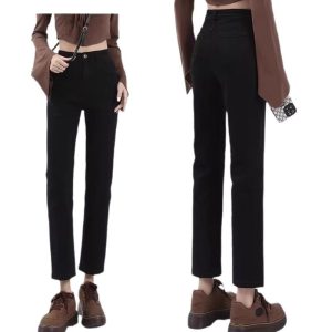 Black imitation denim pipe pants, women's high-waisted spring and summer elasticity, slimming, small people wear eight or nine points of straight leggings