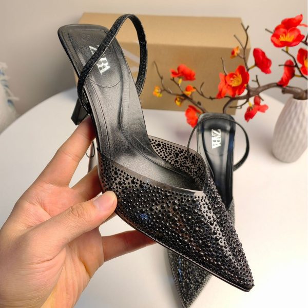 ZA New 2023 Pointed Toe High Heel Pearl Glitter Shallow Stiletto Back Strappy Back Slingback Slingback Fashion Sandals Women - Image 3