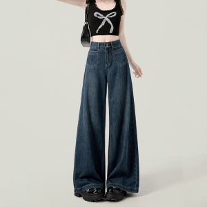 Dark blue wide-leg jeans women's pre-autumn thin 2024 new loose drape floor-length straight-leg pants spring and autumn