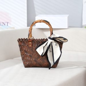Large hand-woven bag fashionable and versatile woven cabbage basket vintage imitation bamboo bag beach handbag