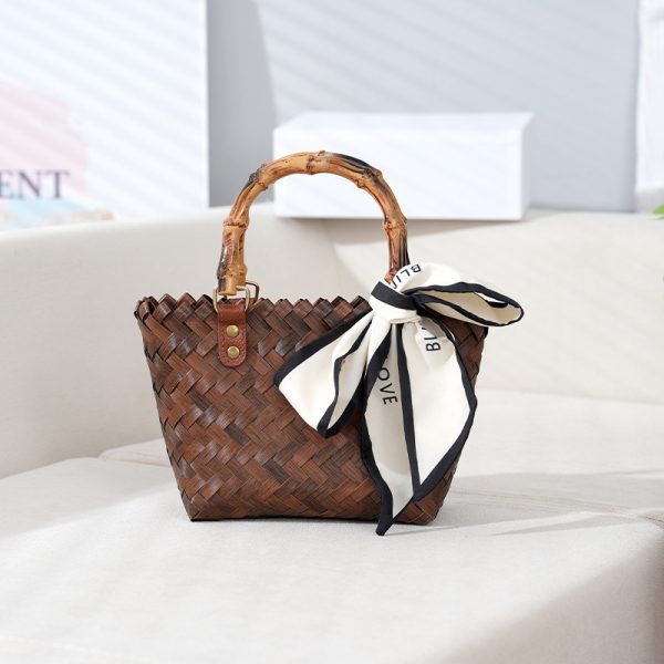 Large hand-woven bag fashionable and versatile woven cabbage basket vintage imitation bamboo bag beach handbag - Image 2