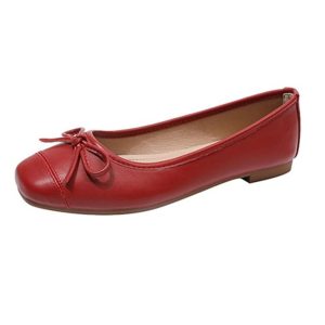 Bow sheepskin little red shoes new versatile square toe soft sole red flat women's shoes leather pumps low heels