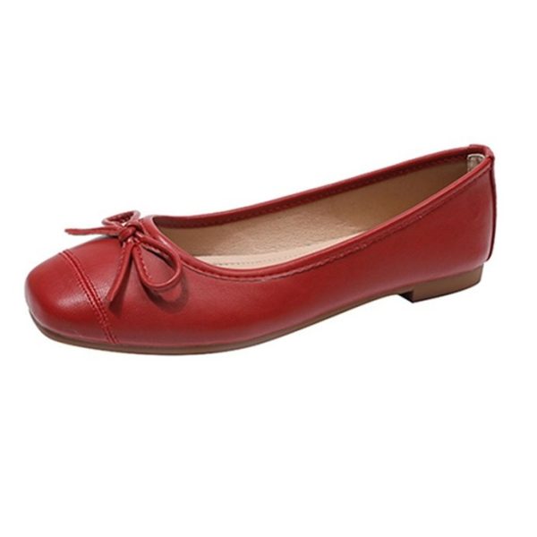 Bow sheepskin little red shoes new versatile square toe soft sole red flat women's shoes leather pumps low heels - Image 5