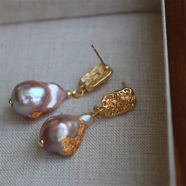 Design new French vintage earrings natural aurora purple large baroque freshwater pearls - Image 3