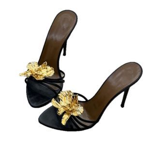 Spring/Summer 2025 New Fashionable Ultra High Heeled Metallic Flower Sandals Temperament Sexy Stiletto Open Toe Women's Shoes