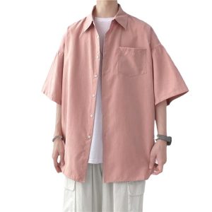 Summer solid color short-sleeved shirt, men's Korean version, trendy, versatile, loose, Hong Kong-style, Japanese-style literary bf, five-quarter sleeve top