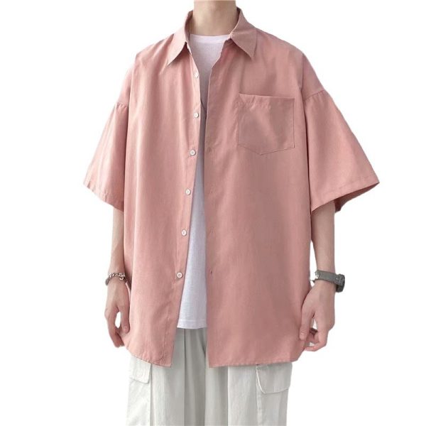 Summer solid color short-sleeved shirt, men's Korean version, trendy, versatile, loose, Hong Kong-style, Japanese-style literary bf, five-quarter sleeve top - Image 5