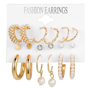 European and American cross-border new pearl inlaid women's earrings Creative French vintage gold earring set 9-piece set