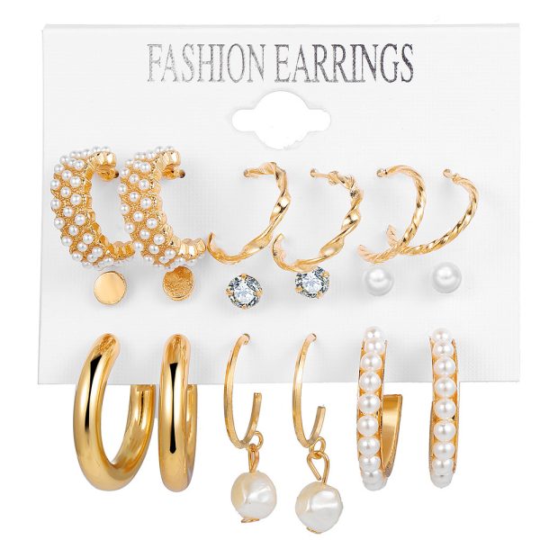 European and American cross-border new pearl inlaid women's earrings Creative French vintage gold earring set 9-piece set - Image 5