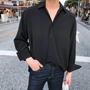 Spot men's Korean version trend black long-sleeved shirt men's 2022 spring casual inch jacket is a very fairy shirt