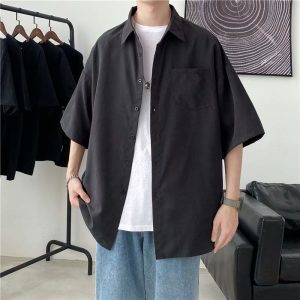 Summer solid color short-sleeved shirt, men's Korean version, trendy, versatile, loose, Hong Kong-style, Japanese-style literary bf, five-quarter sleeve top