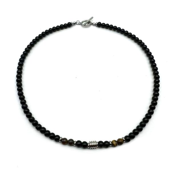 Niche design high-end new stainless steel men's necklace natural tiger's eye map stone beaded OT clasp necklace - Image 5