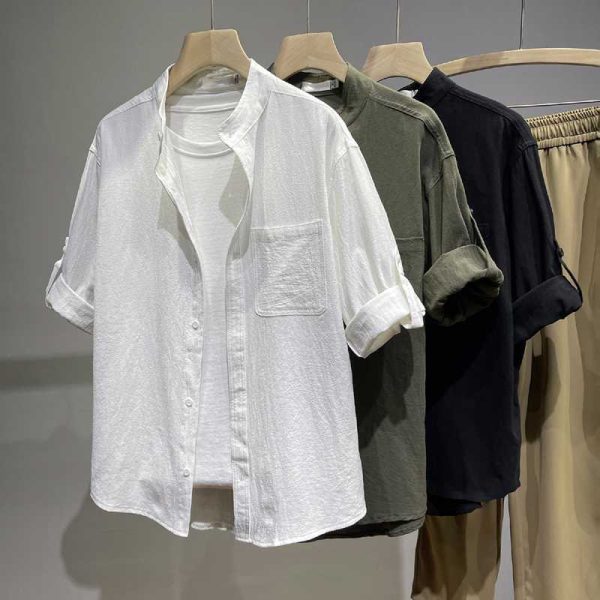 Linen shirt short sleeve shirt loose men's chinoiserie long sleeve summer cotton linen men's casual three-quarter sleeves