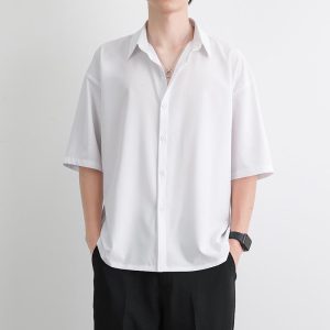 Shirt men's summer loose thin ice silk short sleeve white five-quarter sleeve shirt youth breathable cardigan half sleeve top