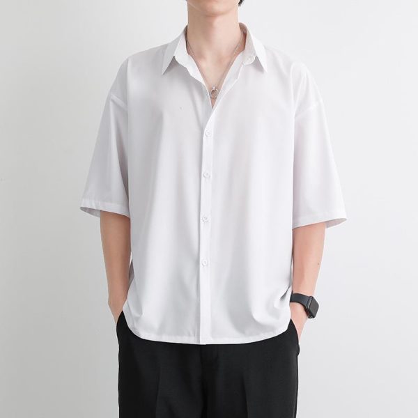 Shirt men's summer loose thin ice silk short sleeve white five-quarter sleeve shirt youth breathable cardigan half sleeve top - Image 2