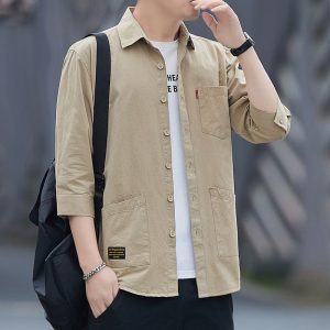 Summer three-quarter sleeve shirt high-end cotton iron-free short sleeve shirt men's loose version workwear medium sleeve jacket wholesale