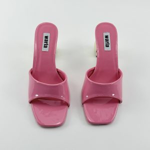 High heels women, summer 2025 Korean version of simple thick high heels, square toe, patent leather, one-strap slippers, women's sandals, women