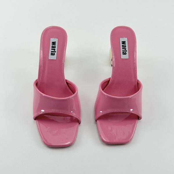 High heels women, summer 2025 Korean version of simple thick high heels, square toe, patent leather, one-strap slippers, women's sandals, women - Image 3