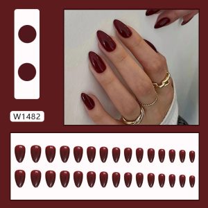 Burgundy fake nails, almond nails, water drop nails, solid color, pointed nails, nail patches, nail patches, foreign trade nails, 30 pieces