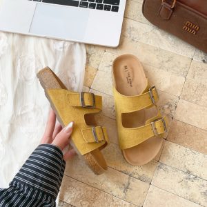 Belt buckle thick-soled Birkenstock slippers women's outer wear 2025 summer new one-foot flat round-toe nubuck women's shoes