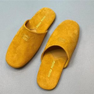 Top layer cowhide miu family flat half slippers women's 2024 autumn new leather mango yellow slippers