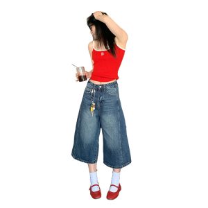 New vintage washed distressed texture high-waisted loose casual wide-leg pants cropped jeans women's trend