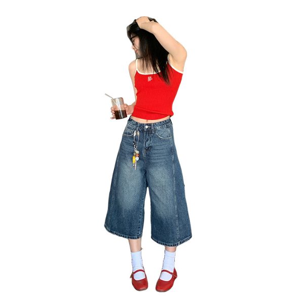 New vintage washed distressed texture high-waisted loose casual wide-leg pants cropped jeans women's trend - Image 5