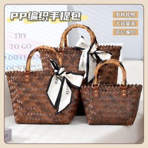 Large hand-woven bag fashionable and versatile woven cabbage basket vintage imitation bamboo bag beach handbag
