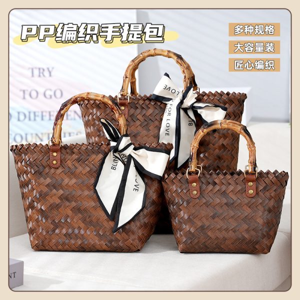 Large hand-woven bag fashionable and versatile woven cabbage basket vintage imitation bamboo bag beach handbag - Image 3