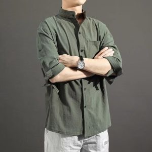 Large size linen short-sleeved shirt men's loose trendy fat man plus fertilizer to increase men's summer cotton and linen five-point sleeve thin section