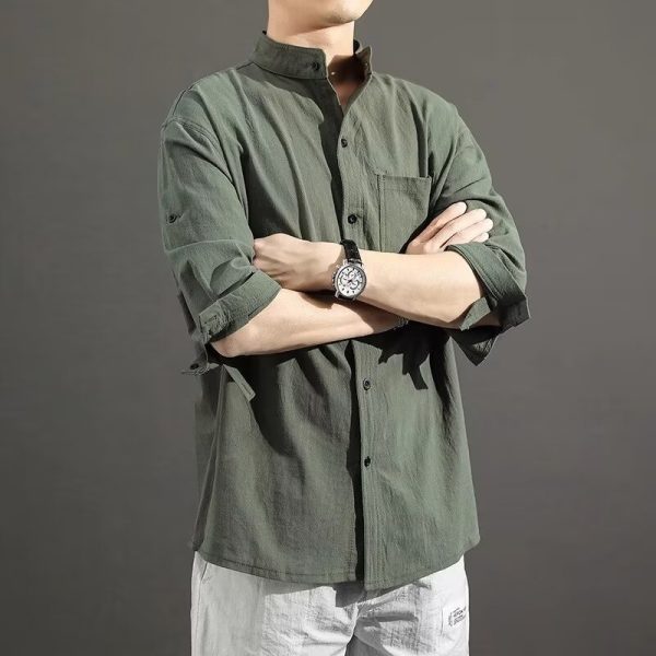 Large size linen short-sleeved shirt men's loose trendy fat man plus fertilizer to increase men's summer cotton and linen five-point sleeve thin section - Image 2