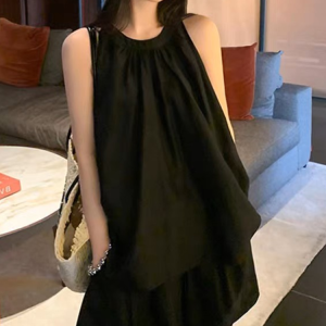 Cotton and linen mountain style sports suit women's summer lazy style sleeveless halterneck top fashion wide-leg shorts two-piece set