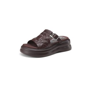 5CM top layer cowhide stepping on feeling genuine leather open toe one-line platform slippers women's outer wear French belt buckle sandals