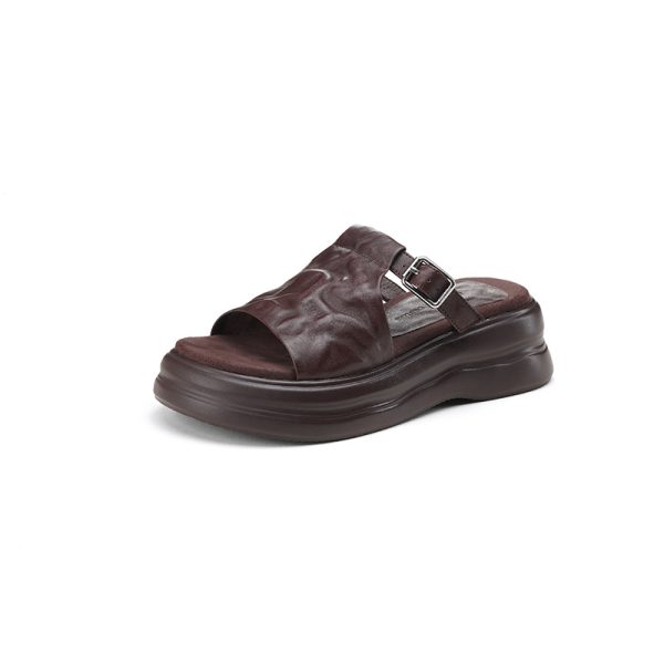 5CM top layer cowhide stepping on feeling genuine leather open toe one-line platform slippers women's outer wear French belt buckle sandals - Image 5